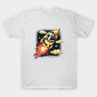 pug flying into space with a rocket T-Shirt